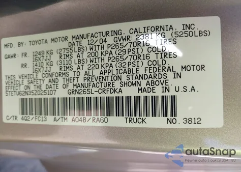 2005 Toyota Tacoma Prerunner V6 z USA, uszkodzony, nr VIN 5TETU62N35Z025107